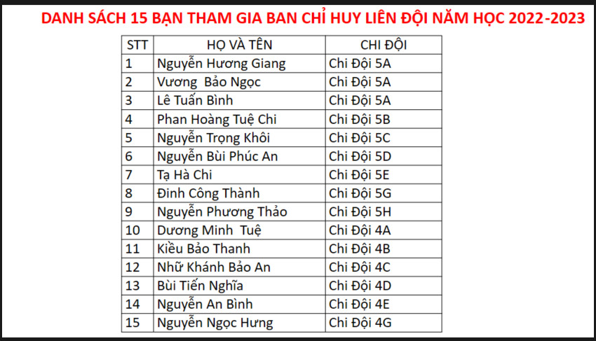 DS ban chỉ huy liên đội